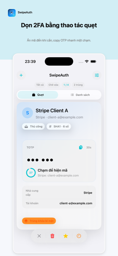 SwipeAuth deck screen on iPhone