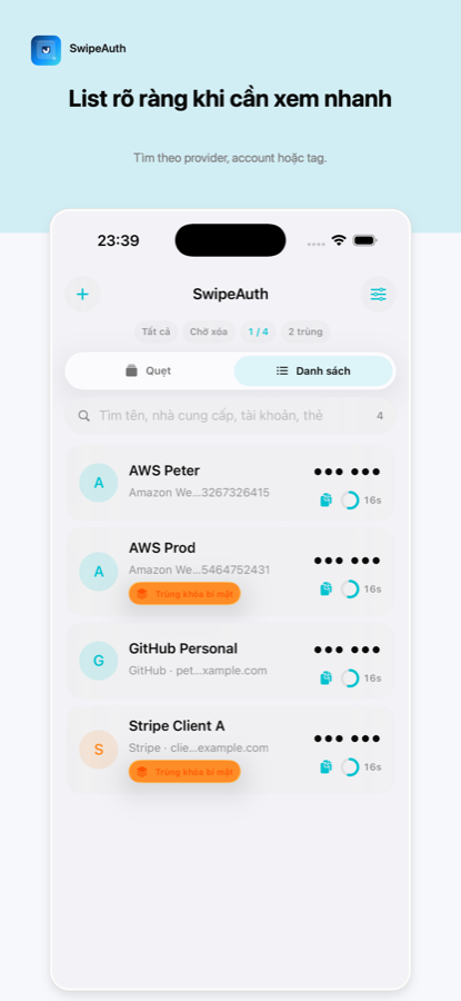 SwipeAuth list search screen