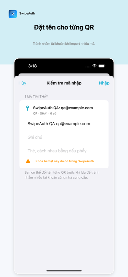 SwipeAuth import review screen