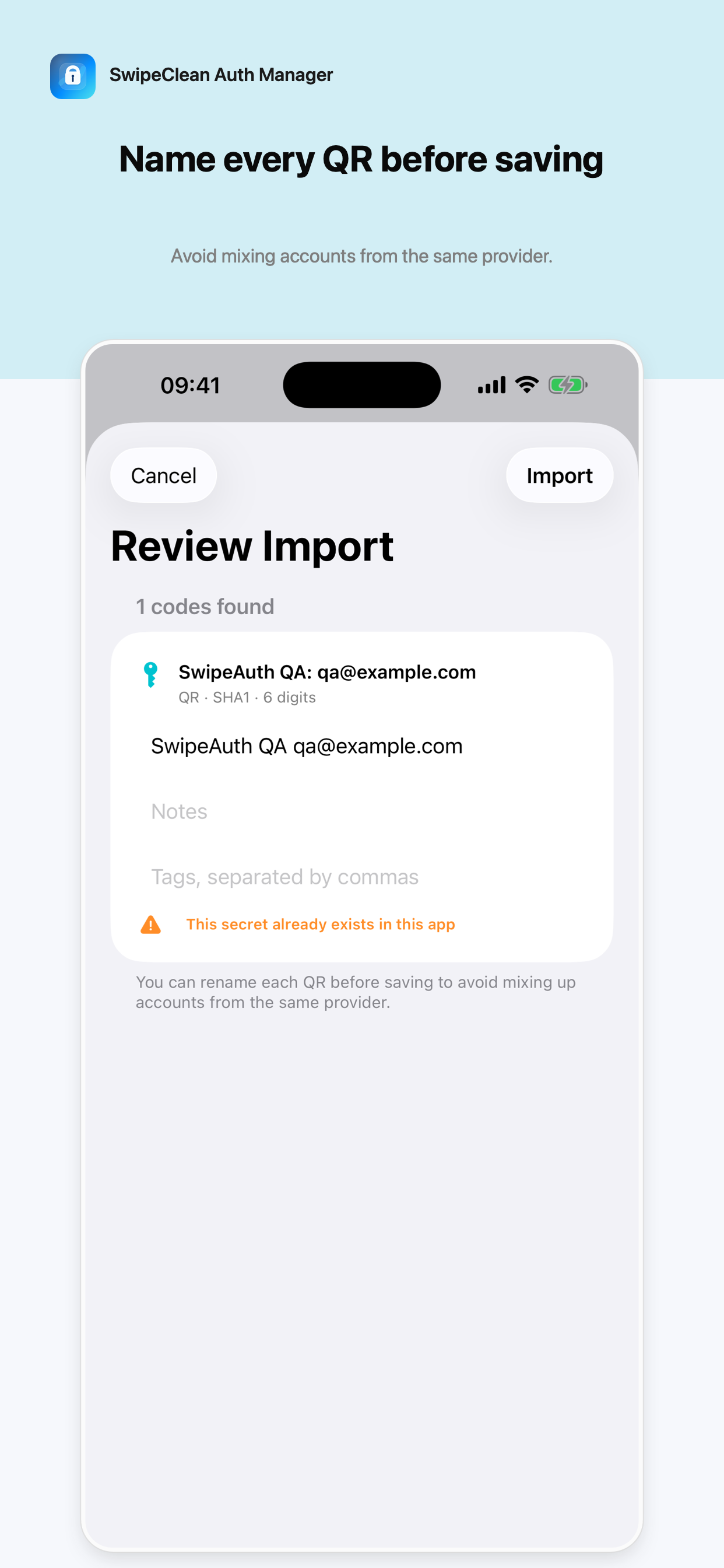 SwipeClean Auth Manager import review screen