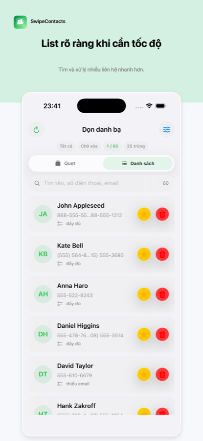 SwipeContacts list screen on iPhone