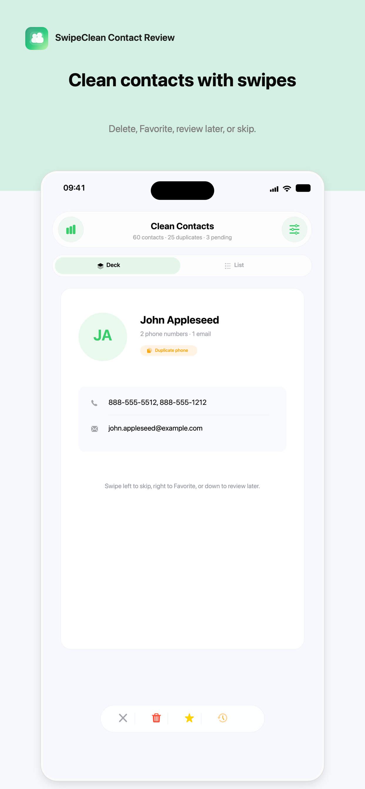 SwipeClean Contact Review deck workflow screenshot