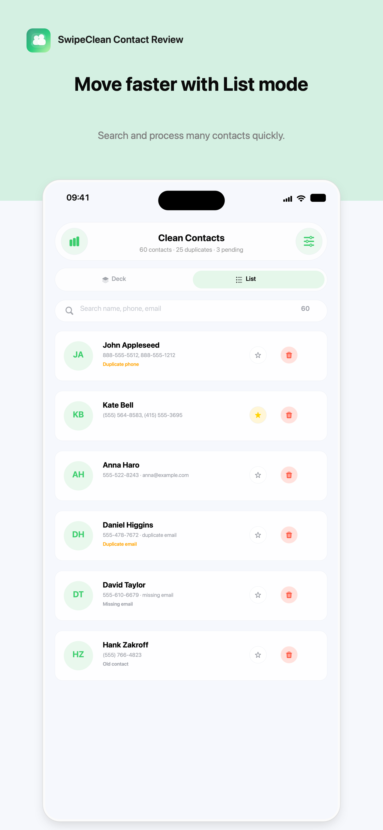 SwipeClean Contact Review list screen on iPhone