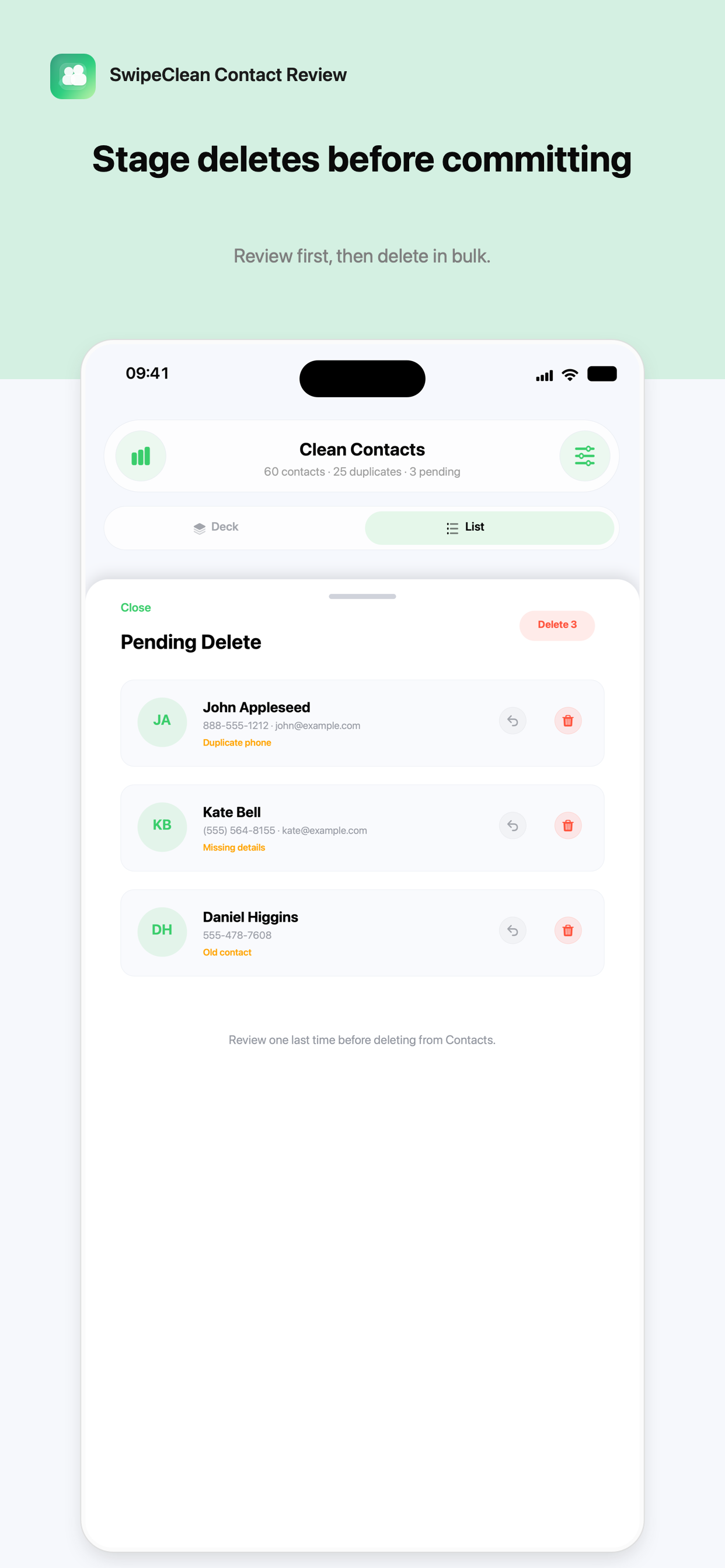 SwipeClean Contact Review pending delete screenshot