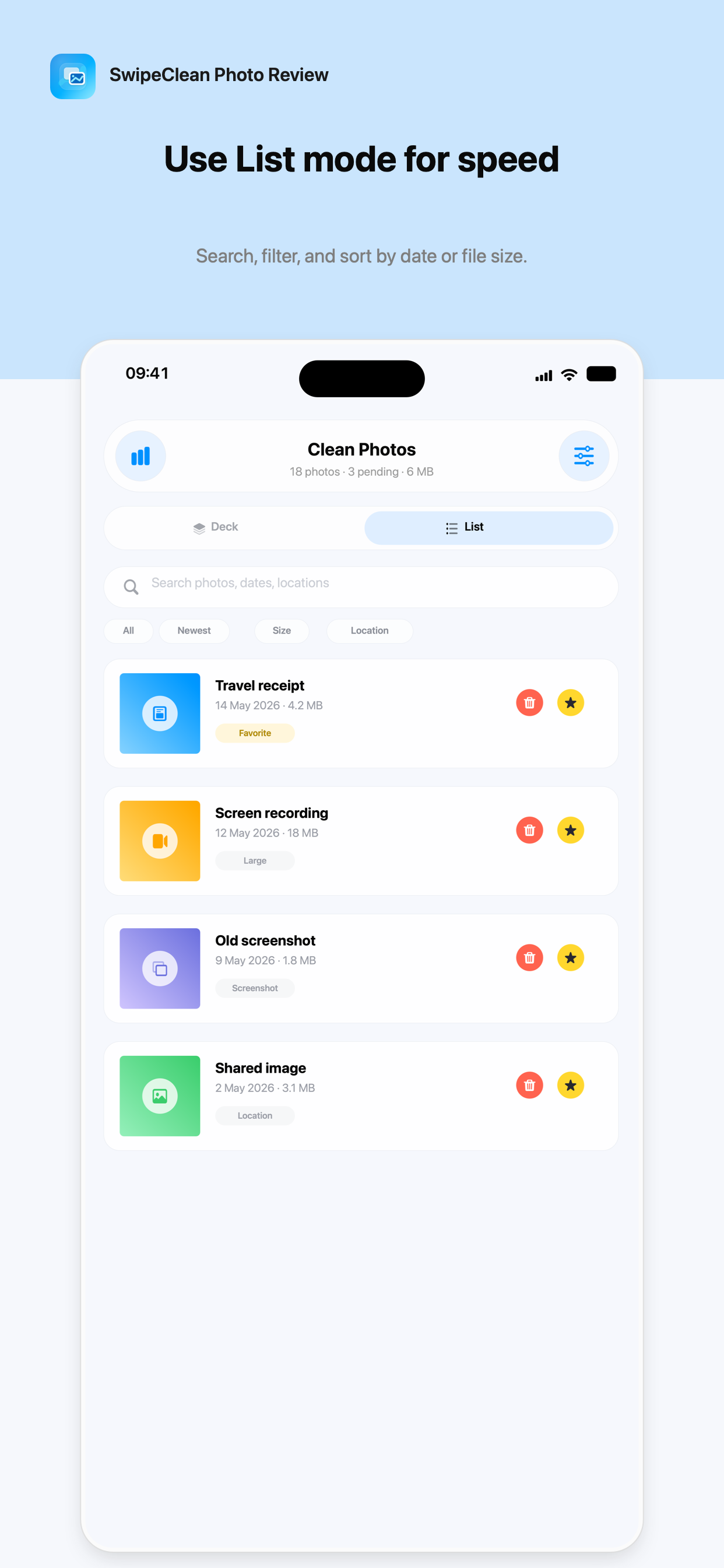 SwipeClean Photo Review list workflow screenshot