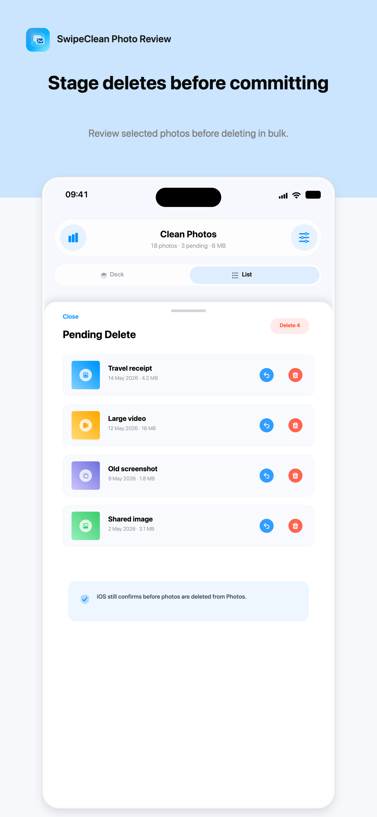 SwipeClean Photo Review pending delete screenshot